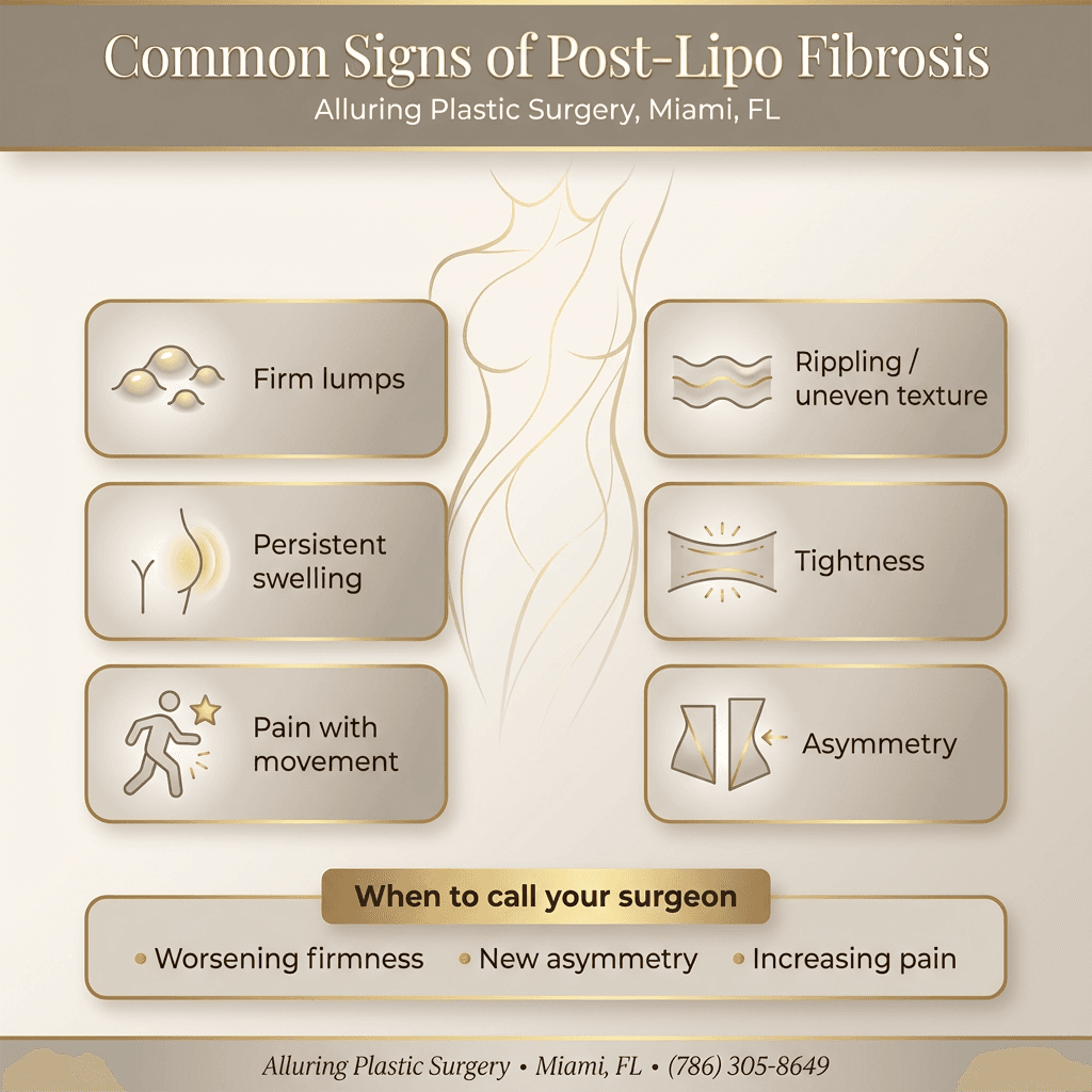 “Common signs of post-lipo fibrosis” checklist-style graphic with icons: firm lumps, rippling/uneven texture, persistent swelling, tightness, pain with movement, and “when to call your surgeon” note (e.g., worsening firmness, asymmetry, increasing pain).