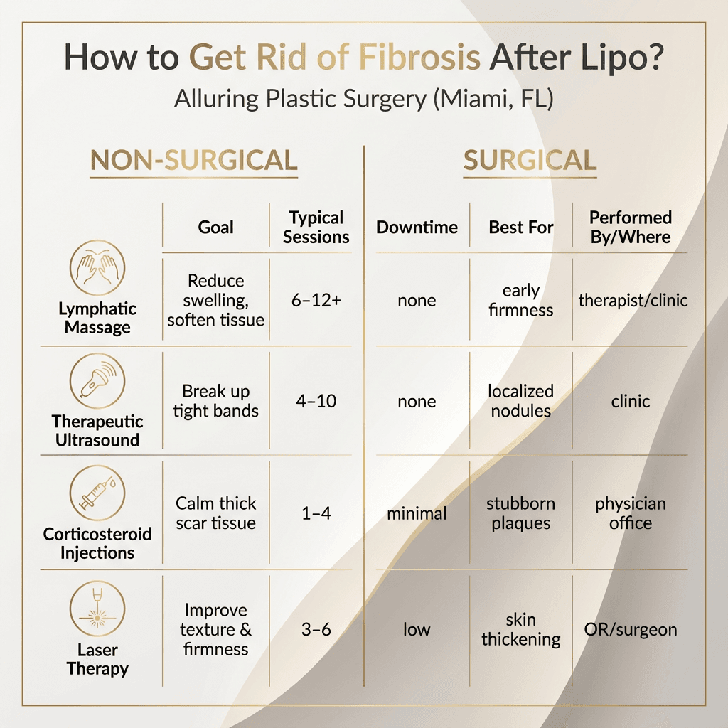 Treatment comparison grid: Non-surgical (lymphatic massage, ultrasound, steroid injections, laser) vs Surgical (excision), with columns like “goal,” “typical sessions,” “downtime,” “best for,” and “performed by/where.” Keep it elegant in warm neutrals + gold accents.