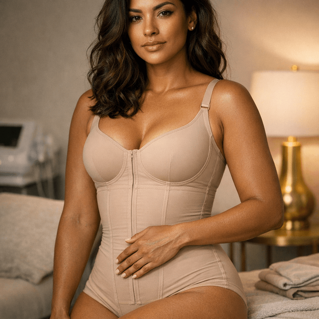 Confident woman in nude compression garment gently touches abdomen in luxury spa, symbolizing post-liposuction fibrosis care.