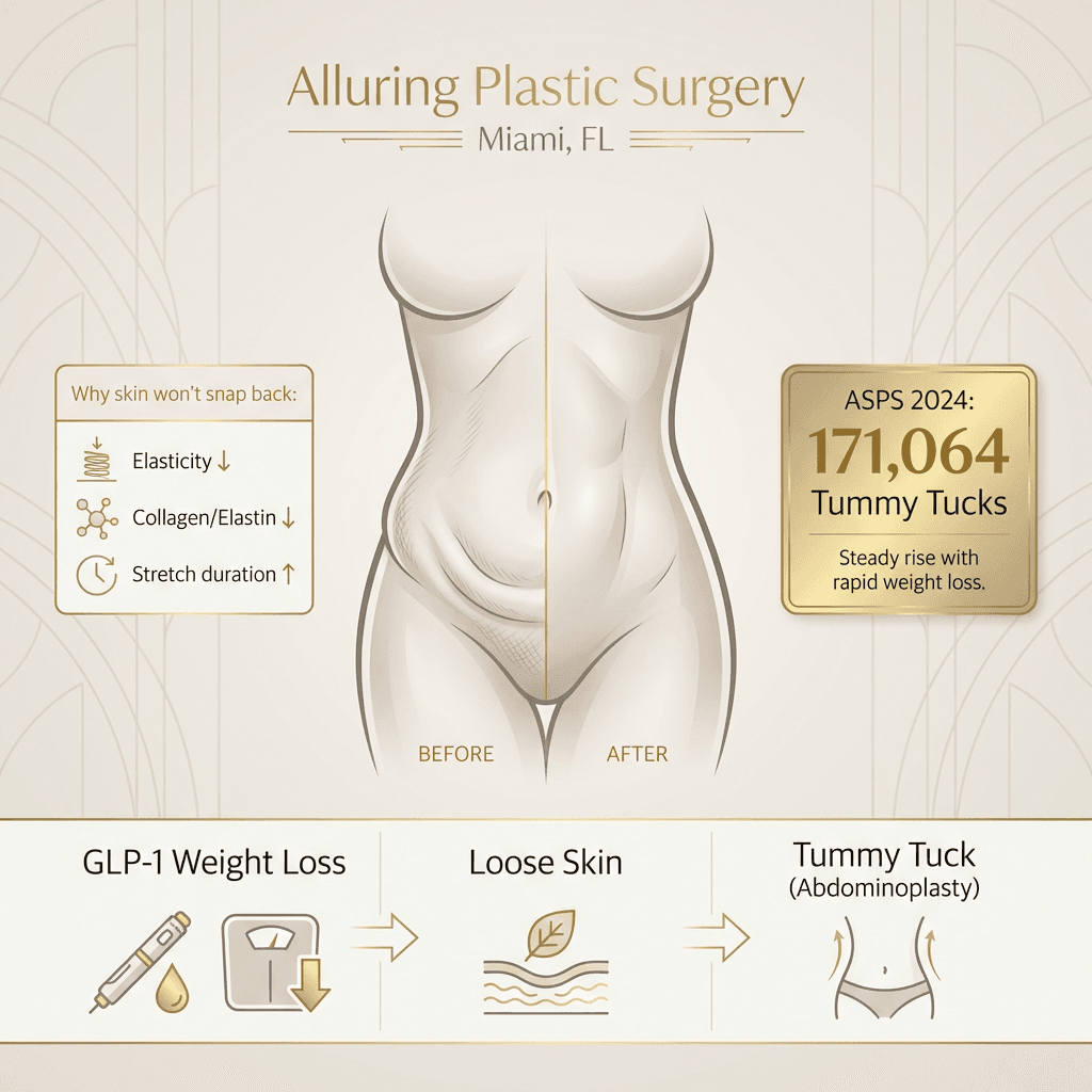 “GLP-1 weight loss → loose skin → tummy tuck” visual overview + ASPS 2024 tummy tuck volume (171,064) and a simple ‘why skin doesn’t snap back’ callout