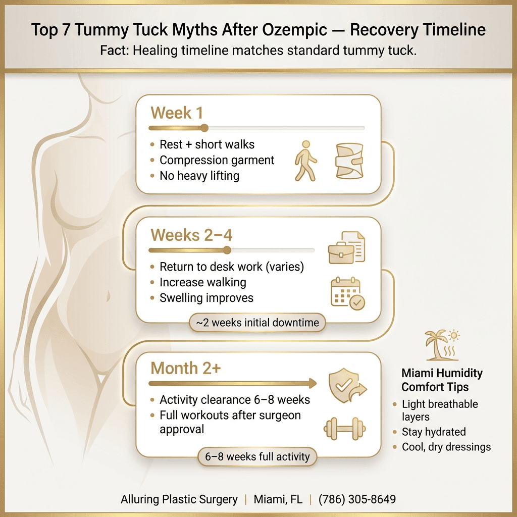 Week-by-week recovery timeline (Week 1, Weeks 2–4, Month 2+) with icons for walking, work return, compression, and activity clearance; include a small ‘Miami humidity comfort tips’ sidebar