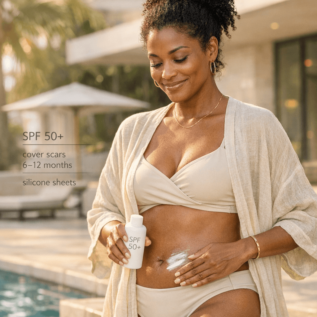 Tasteful lifestyle shot: woman in a neutral-toned cover-up applying SPF (or holding a wide-brim hat) in soft Miami light; optional subtle overlay callouts: “SPF 50+”, “cover scars 6–12 months”, “silicone sheets”