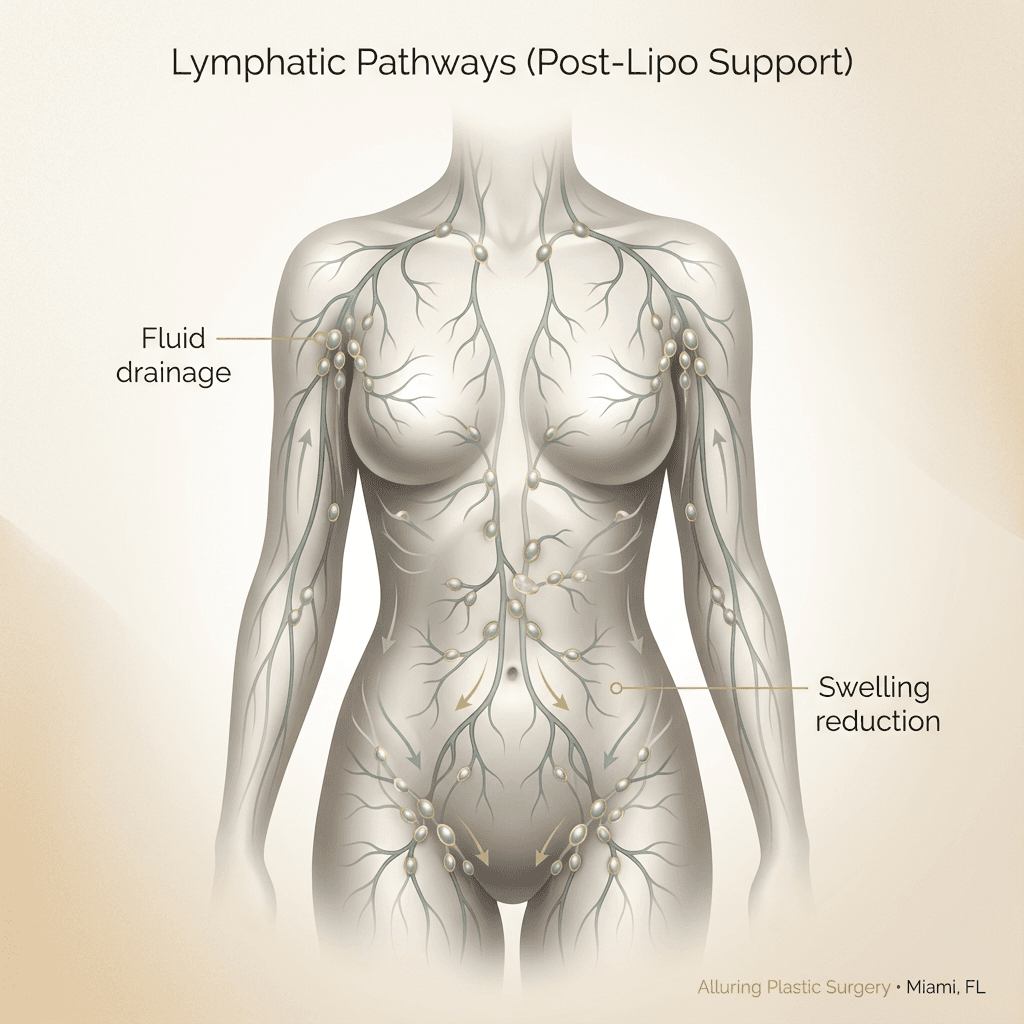 Elegant anatomical illustration of lymphatic pathways (nodes + vessels) over a simplified torso silhouette, highlighting “fluid drainage” and “swelling reduction” (neutral stone-tone palette with subtle gold callouts).