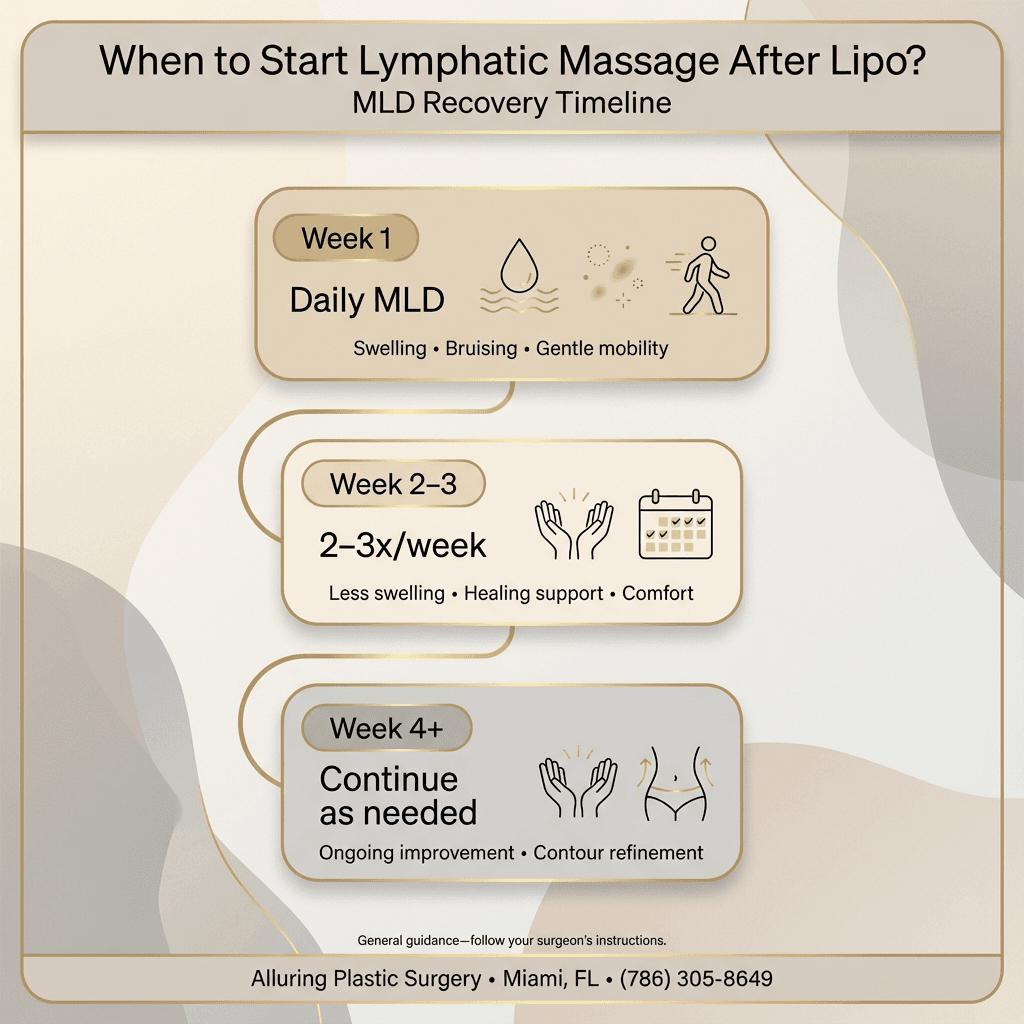 Week-by-week recovery + MLD frequency timeline (Week 1 daily, Week 2–3 2–3x/week, Week 4+ continued improvement) with subtle icons for swelling, bruising, mobility.