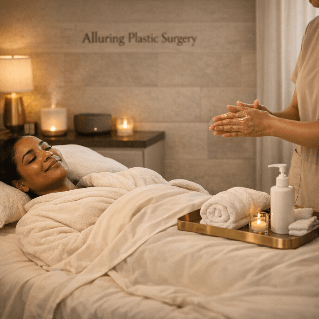 Tasteful scene of a post-op lymphatic drainage session setup: serene spa-like room, therapist preparing, patient covered modestly; stone tones with warm gold accents.