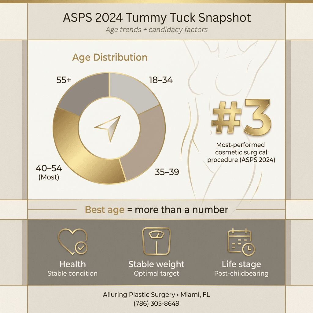 ASPS 2024 tummy tuck snapshot: age distribution highlight (40–54 lead), procedure rank (#3), and a short “best age depends on health + life stage” note in stone tones with gold accents.