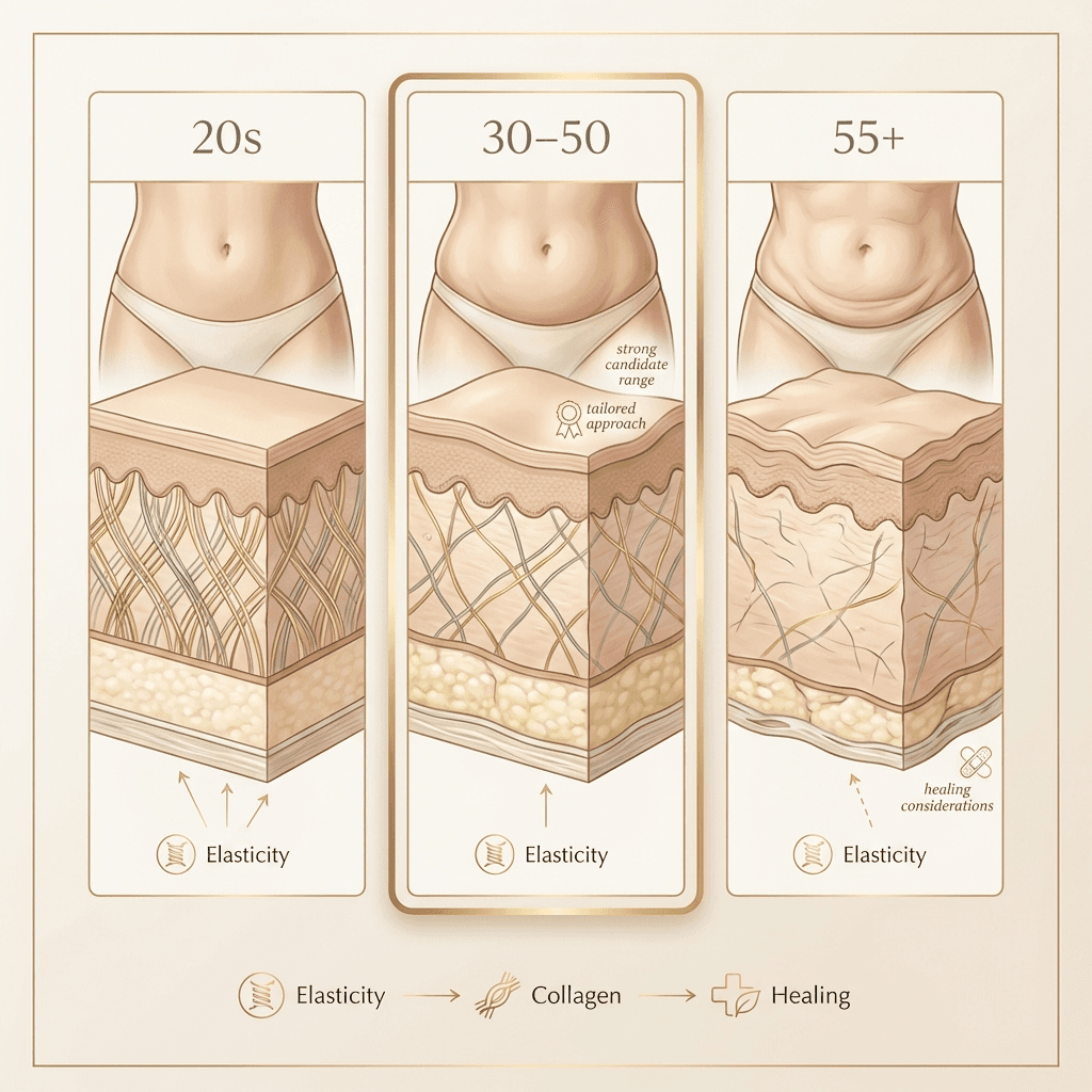 Elegant medical illustration comparing skin elasticity and healing considerations by decade (20s vs 30–50 vs 55+), with subtle abdomen/skin layers and minimal labels.