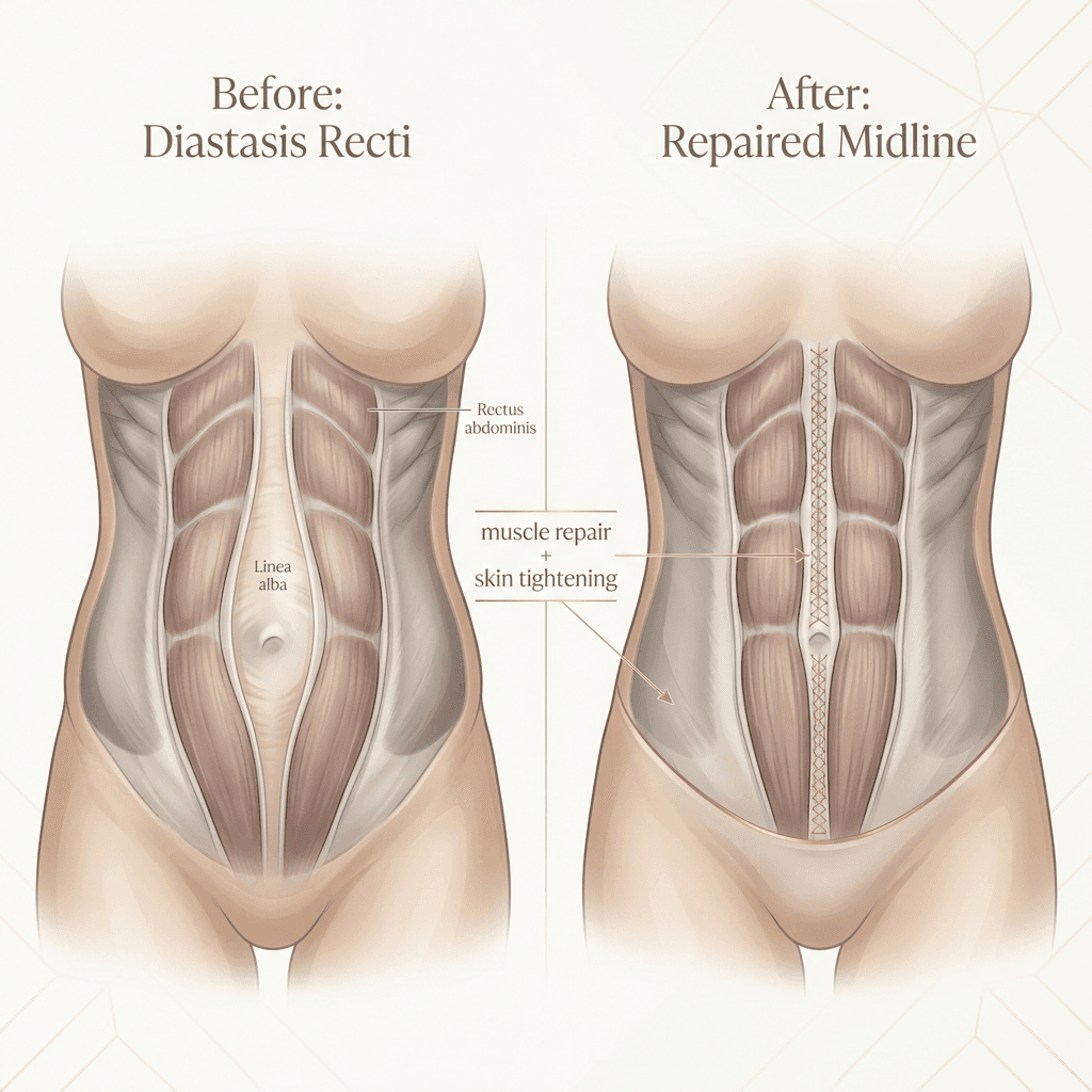 Before/after-style diagram of rectus abdominis separation vs repaired midline (linea alba), with a simple callout: “muscle repair + skin tightening.”
