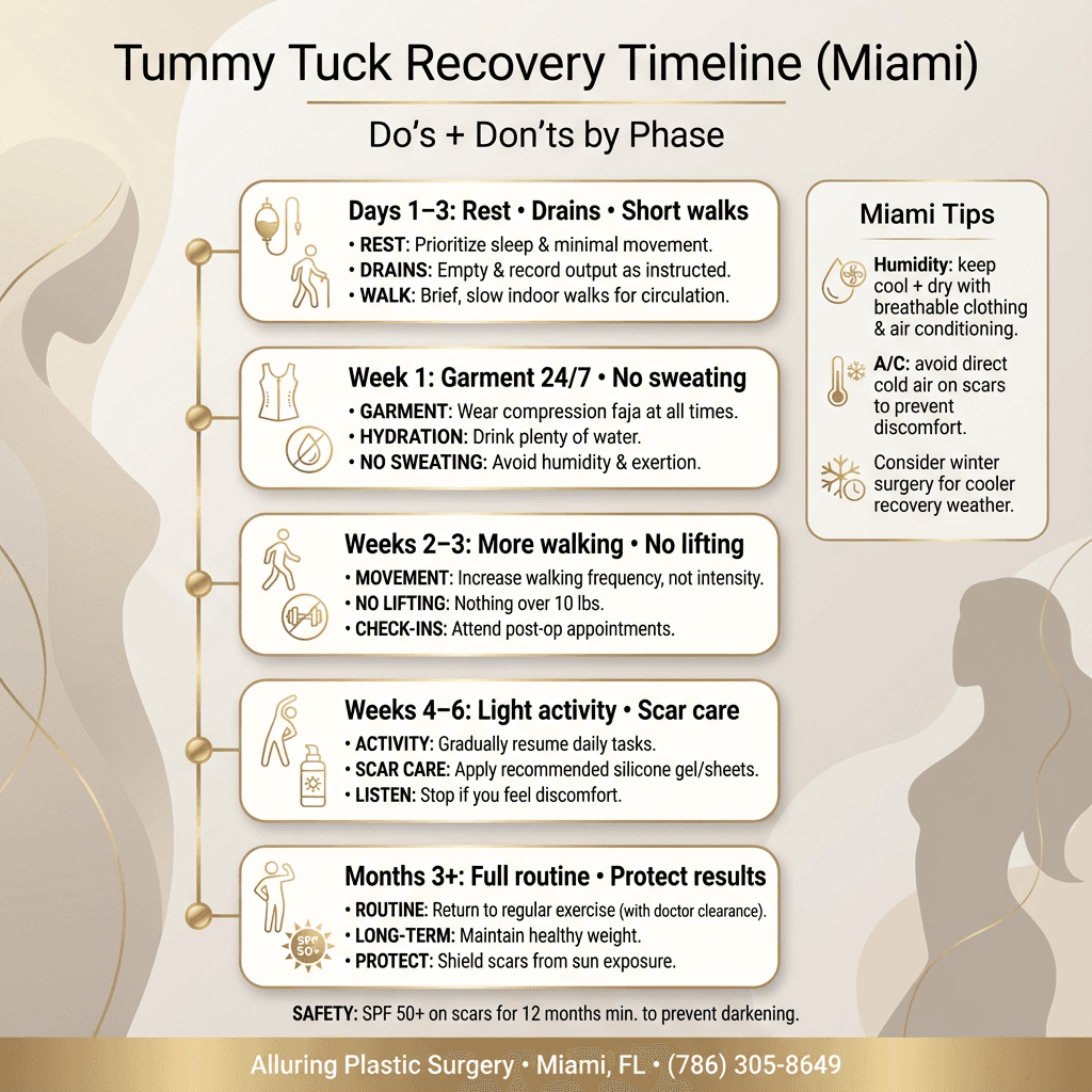 Miami-specific tummy tuck recovery timeline with key do/don’ts per phase (drains, garment, walking, SPF 50+, avoid heat/sweating), designed in neutral stone palette with gold accents.