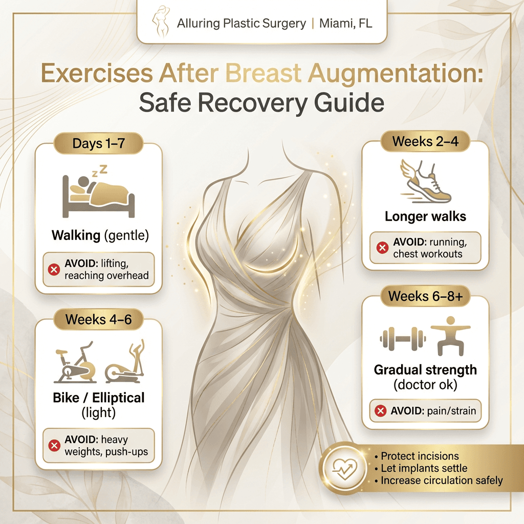 Clean week-by-week recovery roadmap (Days 1–7, Weeks 2–4, 4–6, 6–8+), with icons for walking/bike/elliptical and clear “avoid” callouts in stone tones + gold accents.