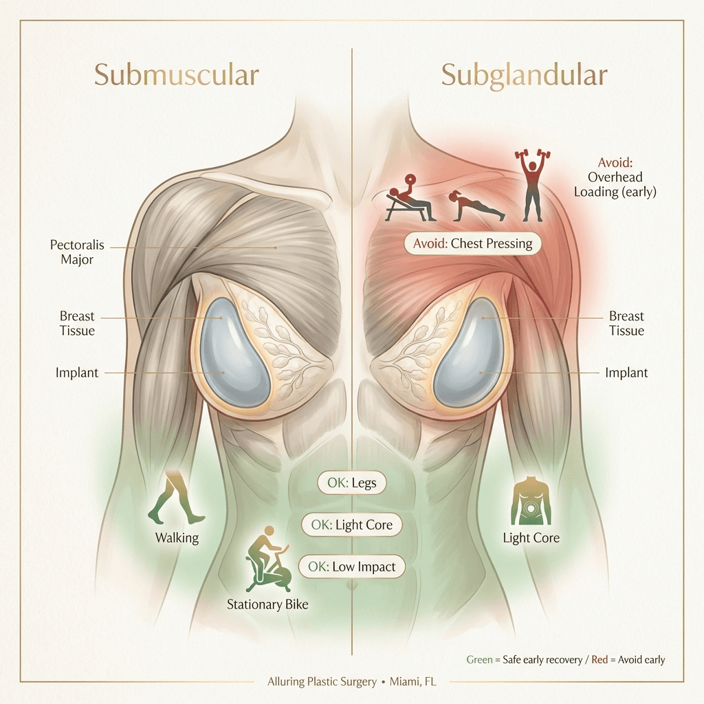 Tasteful anatomical illustration of chest/pectoralis/implant pocket (submuscular vs subglandular simplified) with green-check movement zones (legs/core) and red-flag zones (chest pressing/overhead loading) during early recovery.