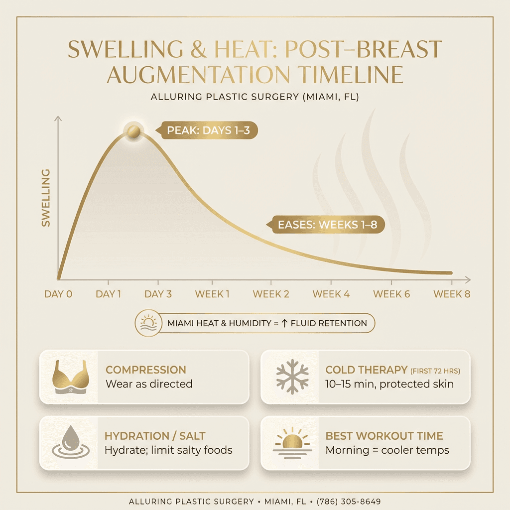 “Swelling & Heat” visual: simple swelling timeline curve (peak → taper), with mini checklists for compression, cold therapy (first 72 hours), hydration/salt, and best workout time (morning) styled in warm neutrals + gold accents.