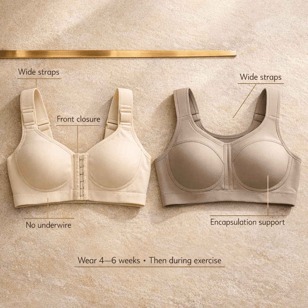 Luxury product-style photo of a front-closure compression/surgical bra and a high-support sports bra side-by-side with labeled callouts (wide straps, no underwire, encapsulation), shot on beige/stone backdrop with subtle gold accent.