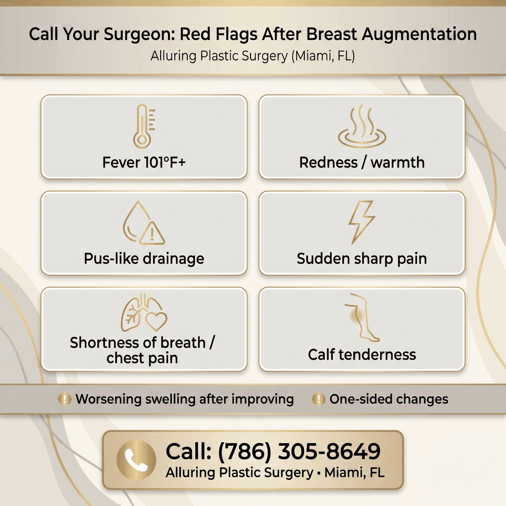 “Call Your Surgeon” red-flag checklist with icons: fever 101°F+, redness/warmth, pus-like drainage, sudden sharp pain, shortness of breath/chest pain, calf tenderness; include clinic phone number area in brand styling.