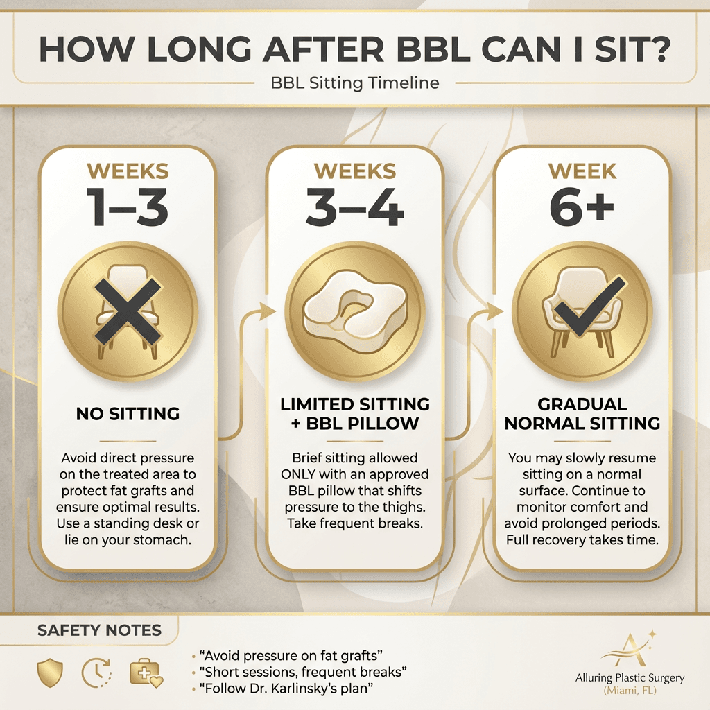 BBL sitting timeline infographic (Weeks 1–3 no sitting, Weeks 3–4 BBL pillow limited sitting, Week 6+ gradual normal sitting) with brief safety notes