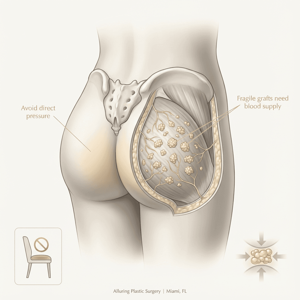 Simple anatomical illustration showing fat transfer to buttocks and formation of vascular connections; include “avoid direct pressure” callouts