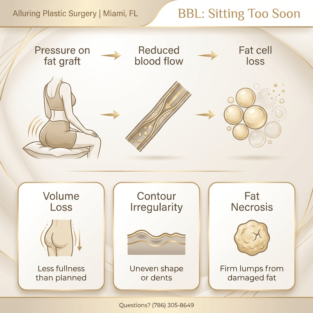 “What can happen if you sit too soon” infographic: pressure → reduced blood flow → fat cell loss; outcomes: volume loss/contour irregularity/fat necrosis (with brief, patient-friendly definitions)