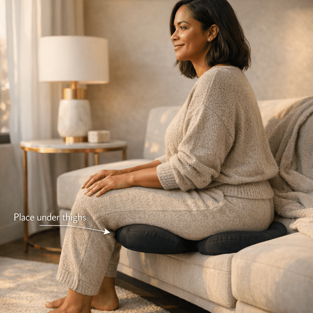 Demonstration photo of correct BBL pillow placement under thighs on a chair/sofa; buttocks elevated; minimal, luxury home/clinic setting