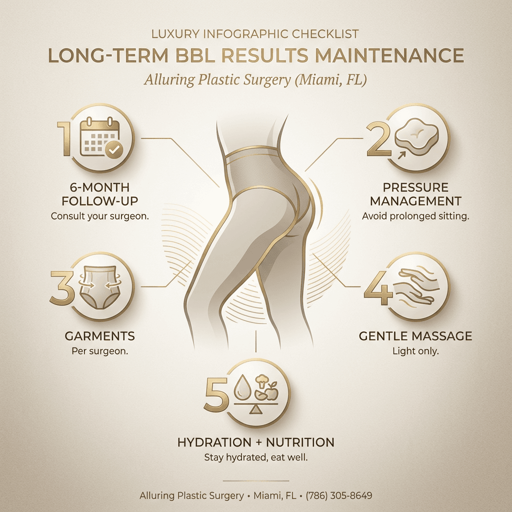 Long-term BBL results maintenance checklist: follow-ups (6 months), pressure management, garments per surgeon, gentle massage, hydration/nutrition