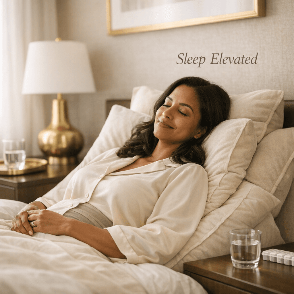 Elegant recovery bedroom scene: woman resting comfortably on her back with upper body slightly elevated, neutral stone-toned bedding, soft daylight, subtle gold accents; conveys calm, high-end post-op care.