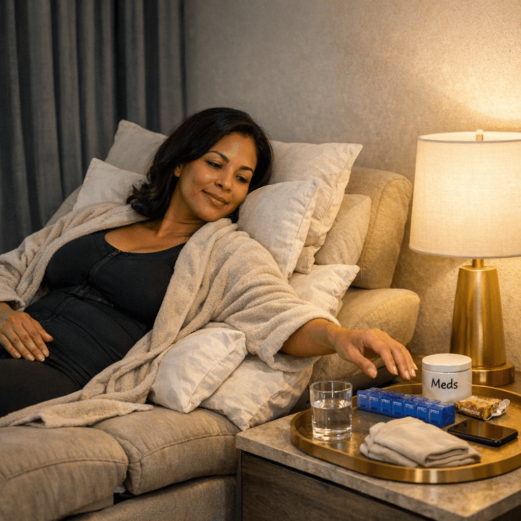 High-end “recovery corner” setup: recliner or bed with wedge, small table with water/meds organizer, soft lamp, blackout curtain hint; clinic-quality aesthetic in beige/cream/warm gray with subtle gold details.