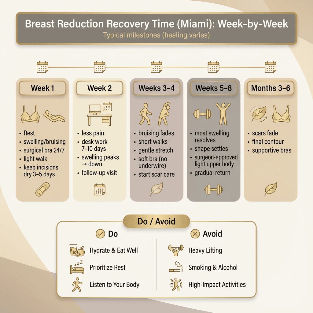 Luxury infographic showing a week-by-week breast reduction recovery timeline with icons and care tips in neutral tones
