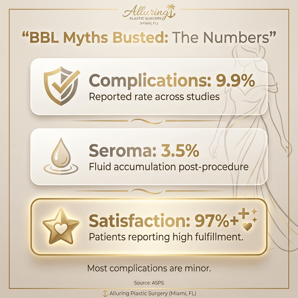 âBBL Myths Busted: The Numbersâ mini-stat panel (complications 9.9%, seroma 3.5%, satisfaction 97%+, with a brief âmost complications are minorâ note) using stone-tone palette + gold accents.