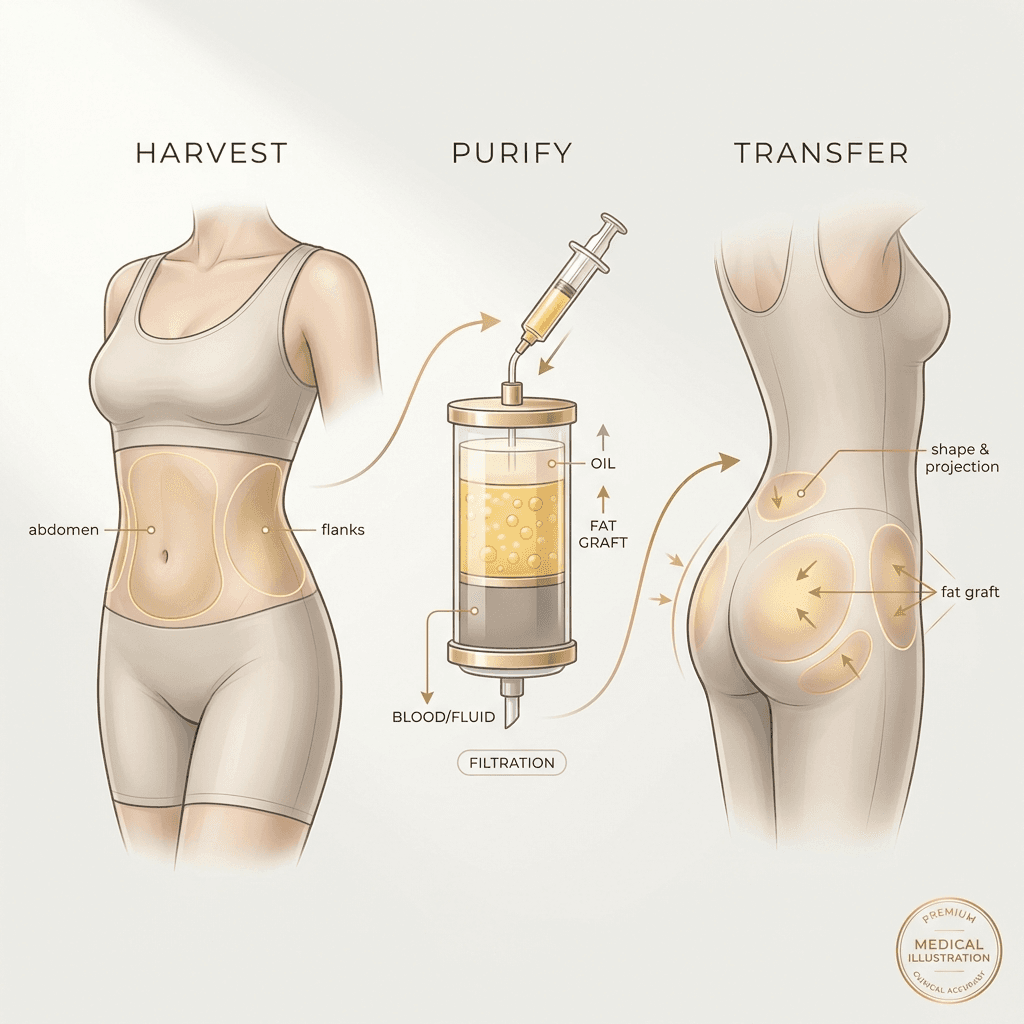 Elegant anatomical-style diagram showing donor areas (abdomen/flanks), fat processing, and fat placement zones in the buttocks; include small callouts like âharvest,â âpurify,â âtransfer.â