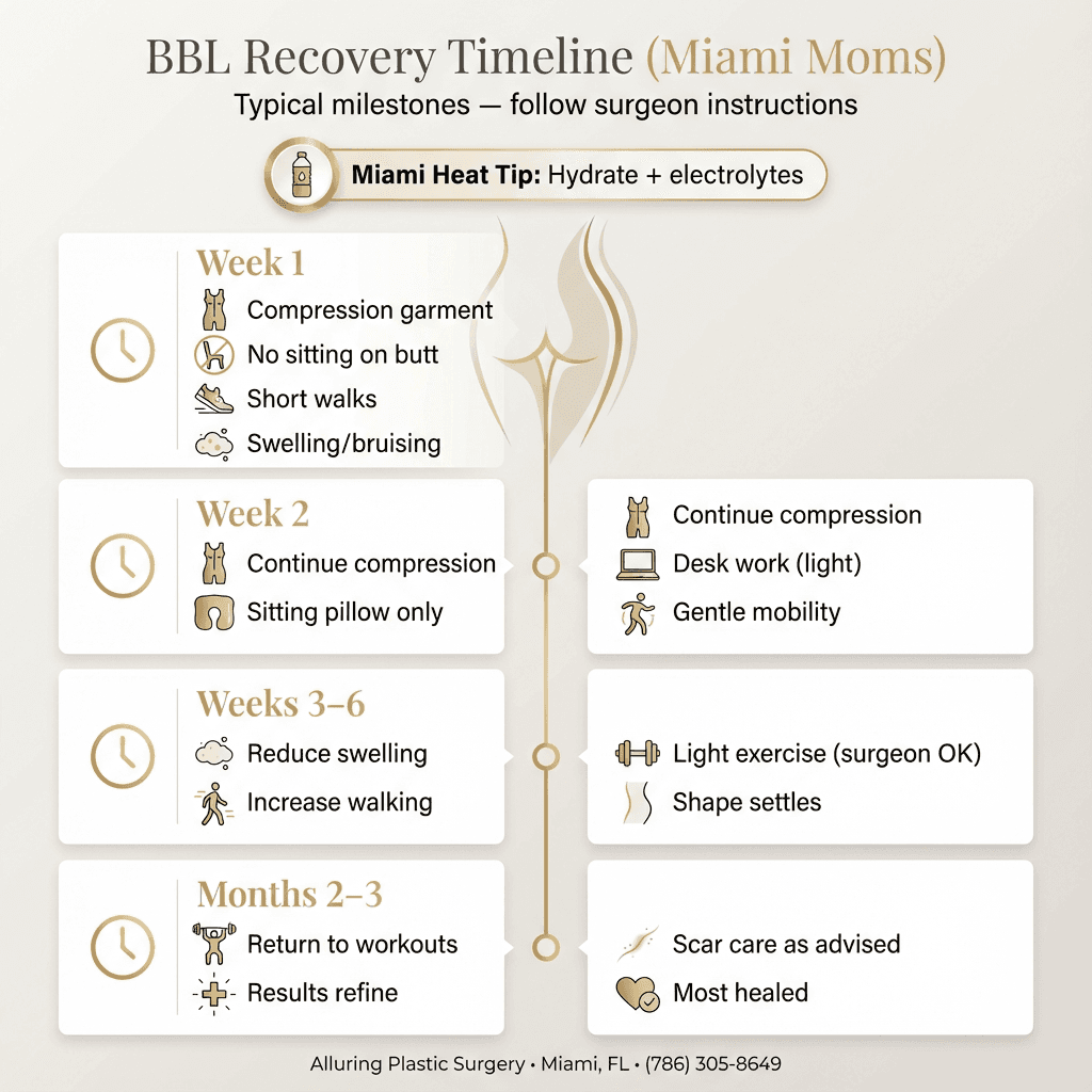BBL recovery timeline for Miami moms: week-by-week milestones (compression garment, sitting restrictions, return to desk work, exercise progression, full recovery range) with a subtle âMiami heat/hydrationâ tip callout.
