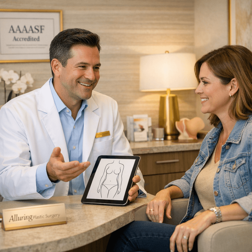 Bright, stone-toned consultation or clinic interior scene: doctor/patient consultation (no graphic medical imagery), AAAASF-accreditation vibe, warm professional care, subtle gold accents.