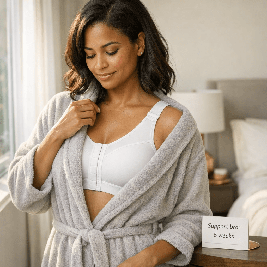 Luxury lifestyle recovery scene: woman in a high-quality surgical support bra under a robe in a bright, serene home setting (stone/neutral palette), emphasizing comfort and proper support.
