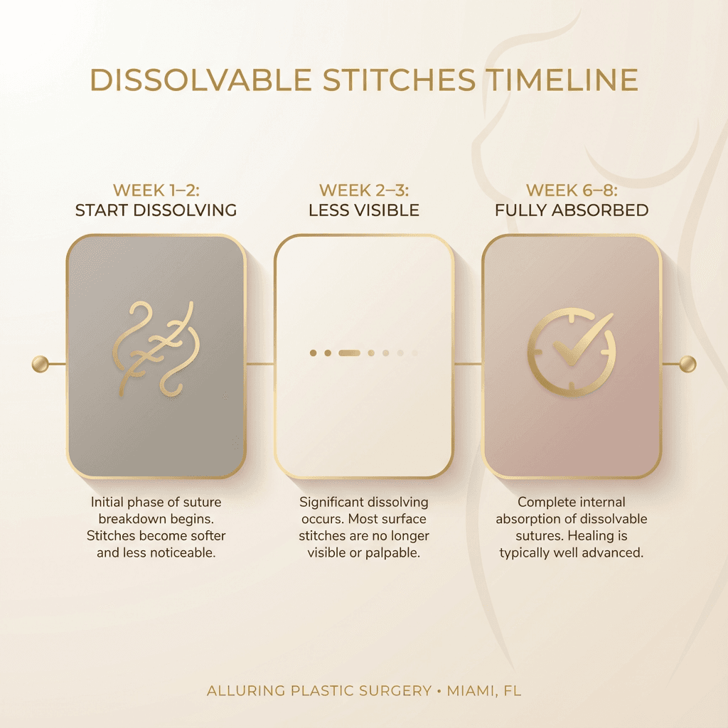 “Breast augmentation dissolvable stitches timeline” (Week 1–2 start dissolving, Week 2–3 less visible, Week 6–8 fully absorbed) with a luxury, stone-tone design and gold accents.