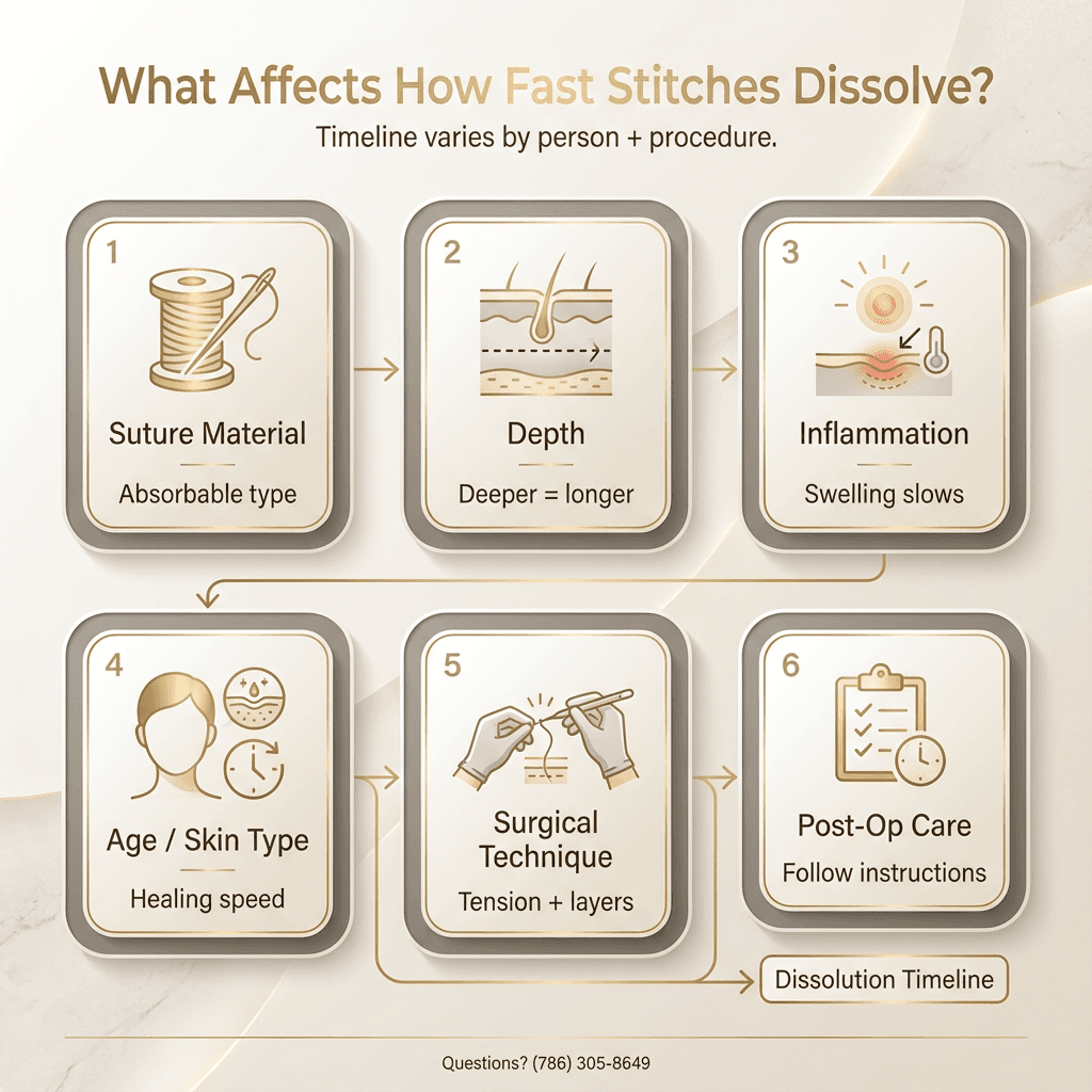 “What affects how fast stitches dissolve?” icon-based tiles: suture material, depth, inflammation, age/skin type, surgical technique, post-op care compliance.
