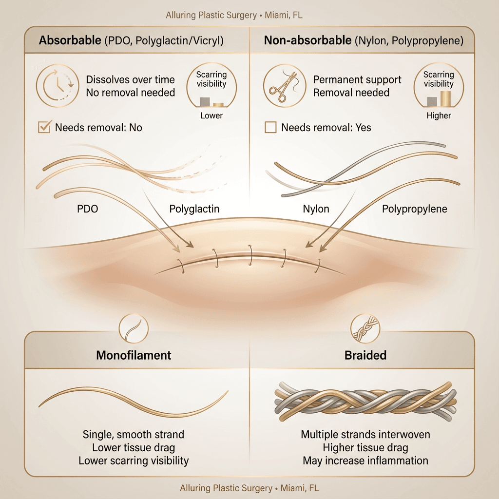 Elegant diagram/visual comparison: absorbable (PDO/polyglactin) vs non-absorbable; mono-filament vs braided (focus on “scarring visibility” and “need for removal”).