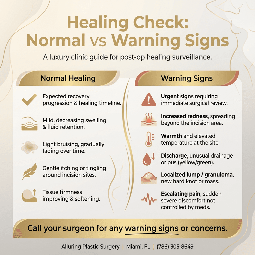 Two-column checklist: Normal healing signs vs. warning signs (increased redness, warmth, discharge, localized lump/granuloma, escalating pain) with a clear “Call your surgeon” CTA.