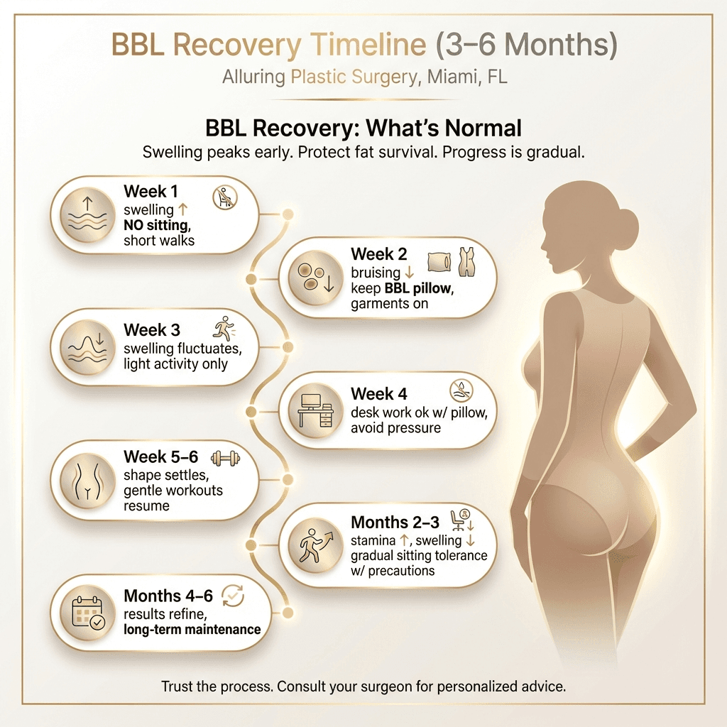 Luxury-styled week-by-week BBL recovery timeline (Week 1–6 + Months 2–6) with key do/don’ts: swelling, sitting restrictions, garment schedule, activity milestones.