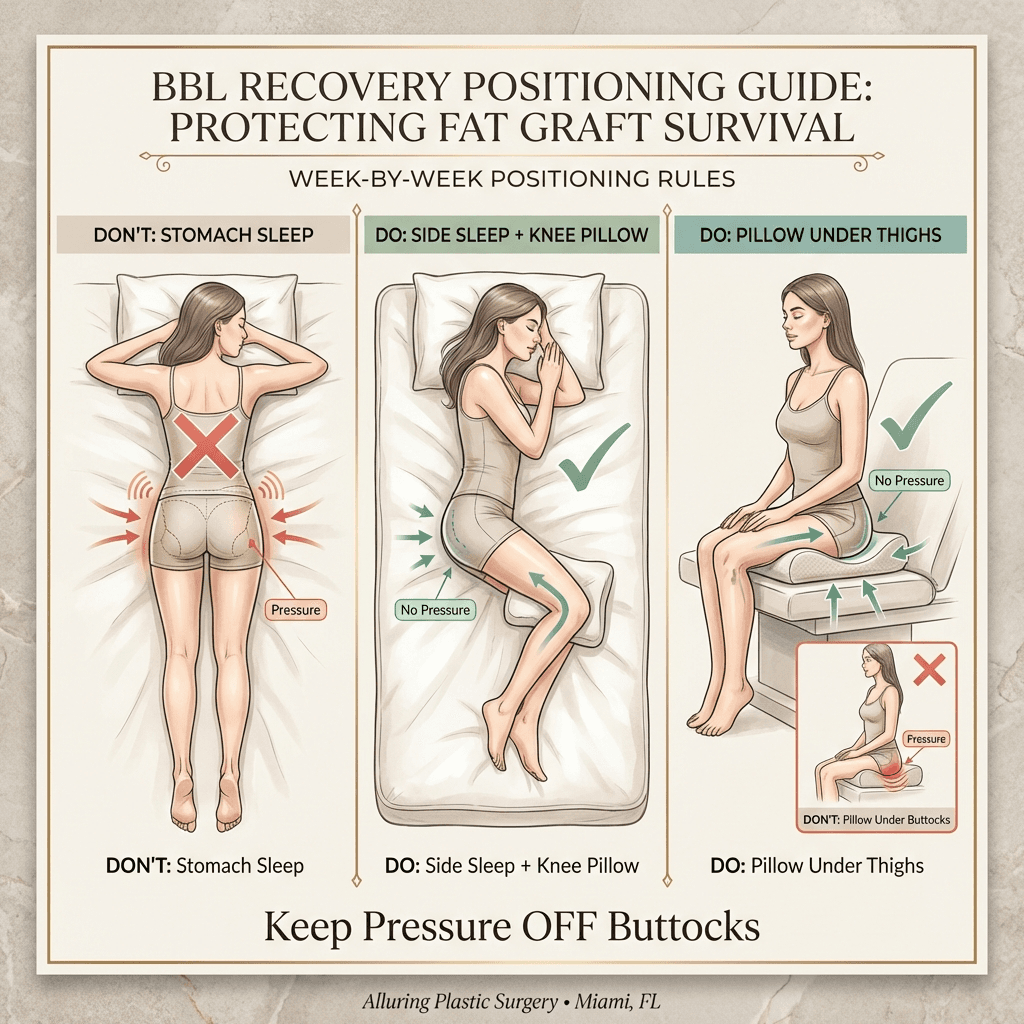 Diagram-style positioning guide: stomach sleeping, side sleeping with knee pillow, and correct BBL pillow placement under thighs (not buttocks), with simple labels and do/don’t callouts.