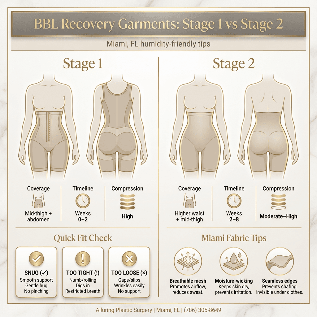 Comparison infographic: Stage 1 vs Stage 2 garment (coverage, timeline, compression level), plus quick fit checklist (snug vs too tight/too loose) and Miami-friendly fabric tips.