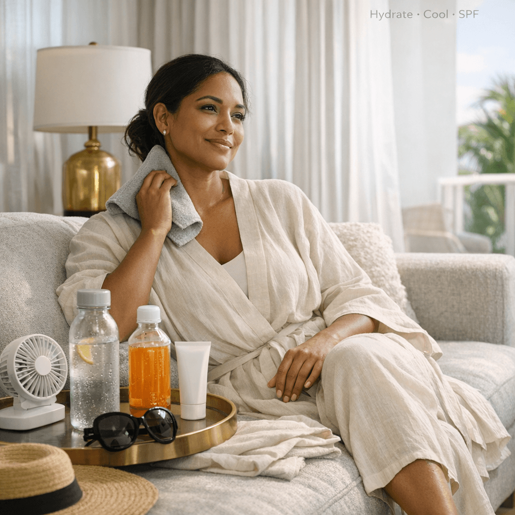 Lifestyle recovery scene in a bright, upscale Miami home/hotel vibe: patient in a breathable robe or flowy outfit, hydration on side table, soft neutral palette, subtle gold accents; optional visual cues like SPF and wide-brim hat nearby.