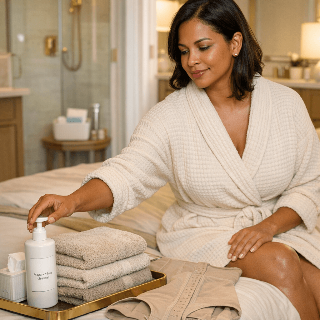 Lifestyle recovery scene: patient in a warm, spa-like bathroom or bedroom setting with neutral towels, fragrance-free cleanser, clean compression garment laid out—emphasizing cleanliness and comfort (no explicit nudity).