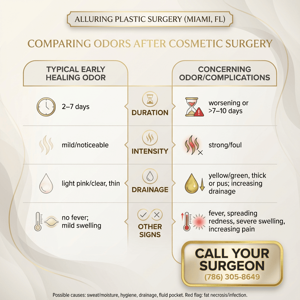 Two-column chart: “Typical early healing odor” vs “Concerning odor/complications” with paired indicators (duration, intensity, drainage color/consistency, fever/redness/swelling) and a clear “Call your surgeon” box.
