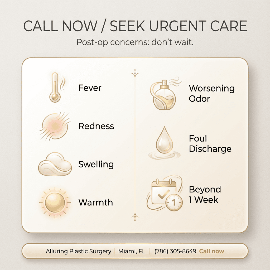 “Call Now / Seek Urgent Care” checklist infographic with icons for fever, redness, swelling, warmth, worsening odor, foul discharge, and “beyond one week” duration; include clinic contact prompt styling (no medical fear-mongering).