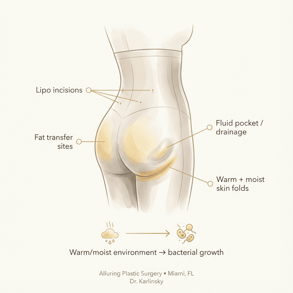 Clean, minimalist diagram showing liposuction + fat transfer with small callouts for incision sites, drainage/fluid accumulation, and “warm/moist environment → bacterial growth” (neutral, non-gory styling in stone tones with gold accents).