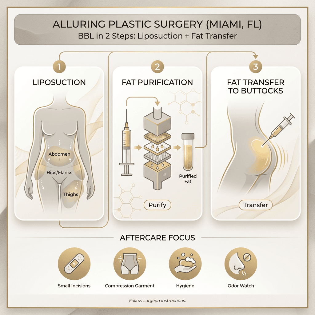 “BBL in 2 Steps” infographic: Step 1 Liposuction (abdomen/hips/thighs) → Step 2 Fat purification → Step 3 Fat transfer to buttocks + small “Aftercare focus” icons (incisions, compression garment, hygiene).