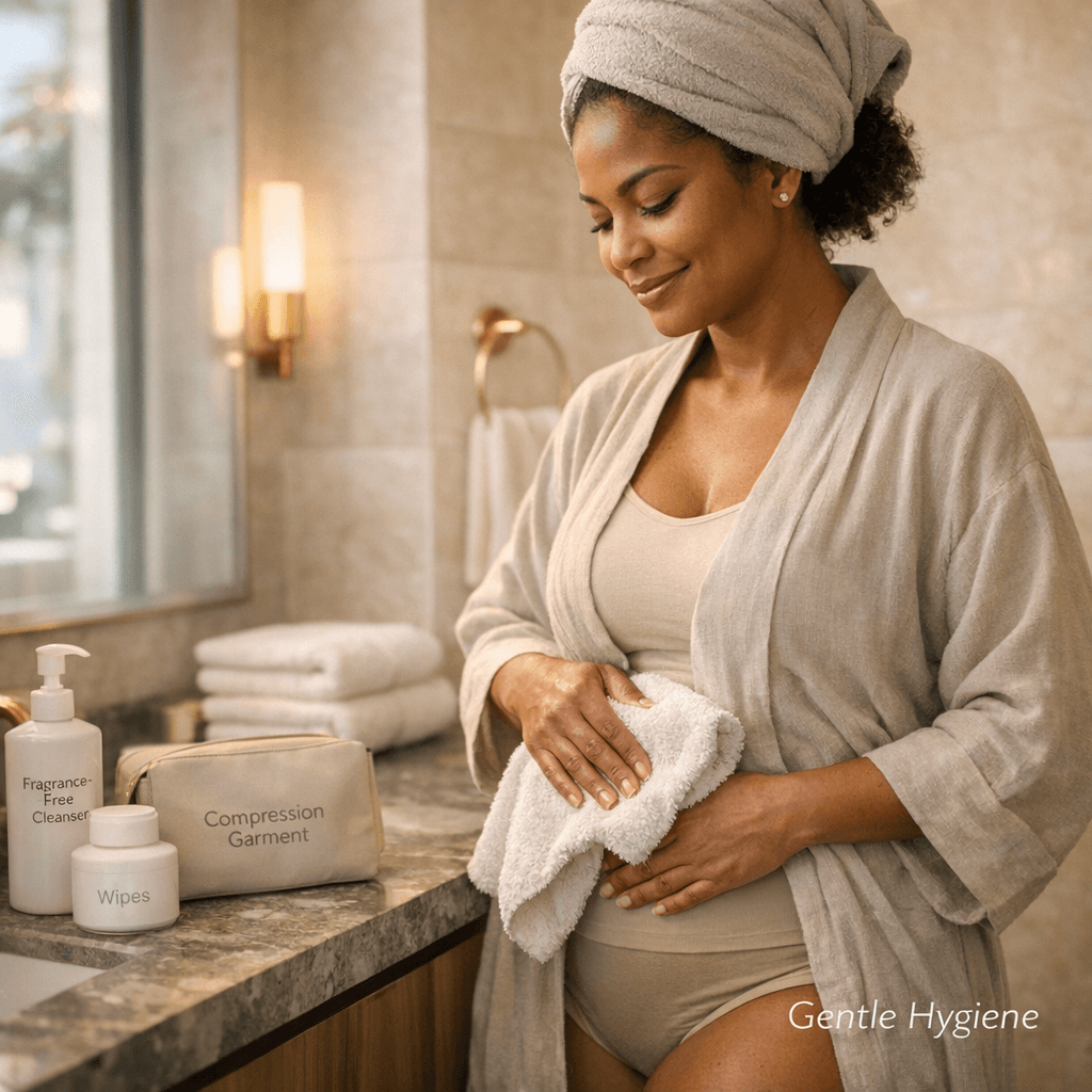 Elegant, non-graphic recovery-at-home scene: woman in a luxe bathroom setting with soft towels and neutral-toned products (no exposed incisions), implying gentle post-op hygiene; stone/beige palette with subtle gold accents.