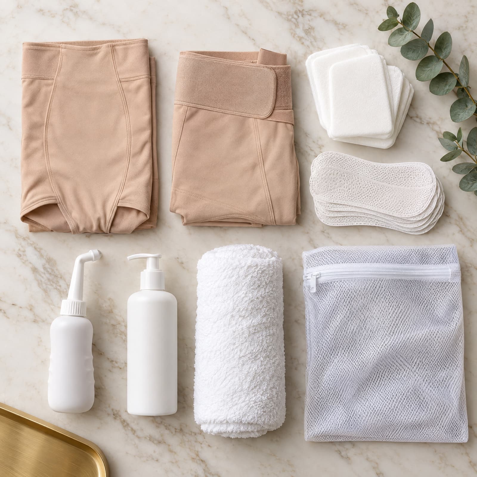 Flat lay of a BBL recovery hygiene kit: two folded compression garments, absorbent pads, breathable garment liners, a handheld bidet bottle, a gentle cleanser, a white towel and a mesh laundry bag