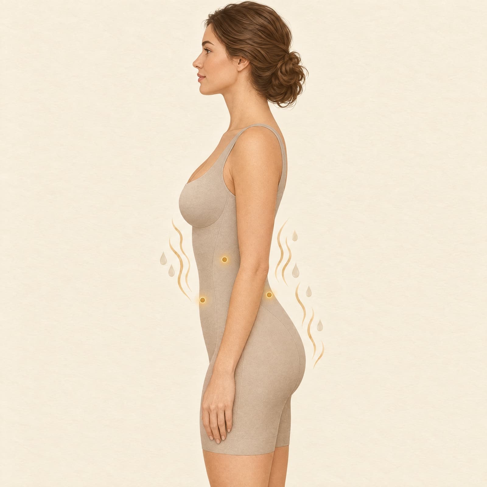 Side-view illustration of a woman in a compression bodysuit, with small gold dots at liposuction incision points on the lower abdomen, flank and lower back, and droplets and heat lines where sweat and moisture collect under the garment