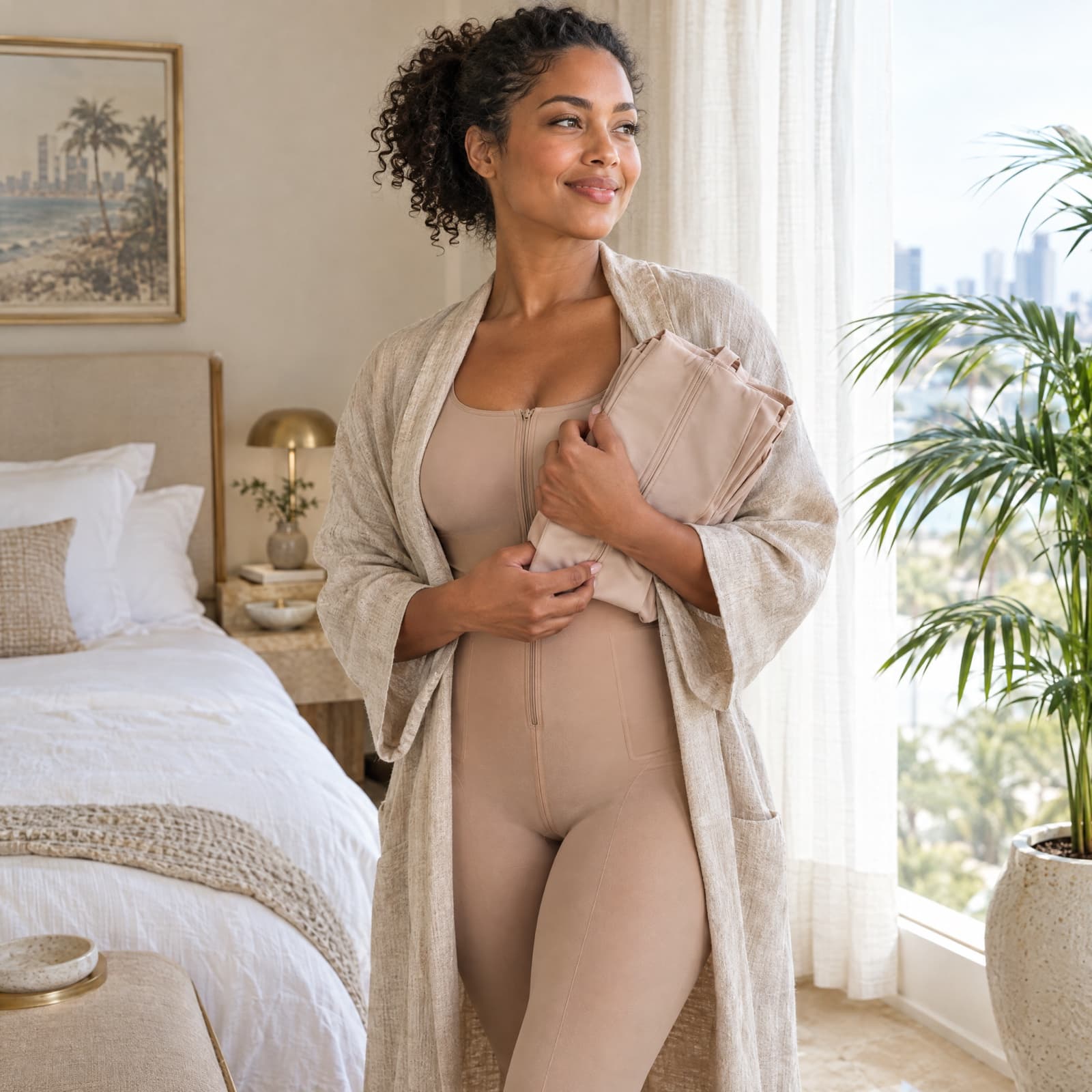 Woman in a linen robe and a clean compression garment smiling by a sunny Miami bedroom window, holding a freshly folded spare garment