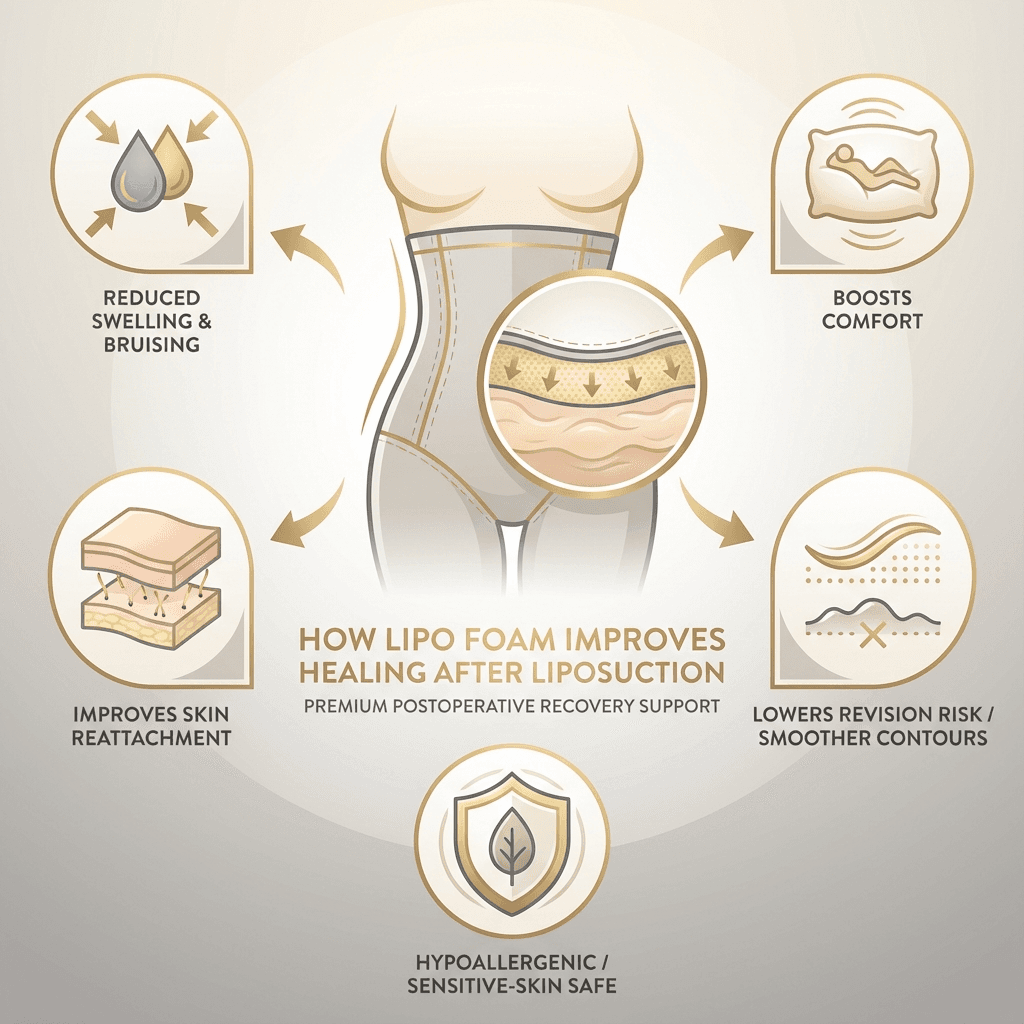 Infographic showing female torso with compression garment and lipo foam pad, highlighting five healing benefits after lipo...