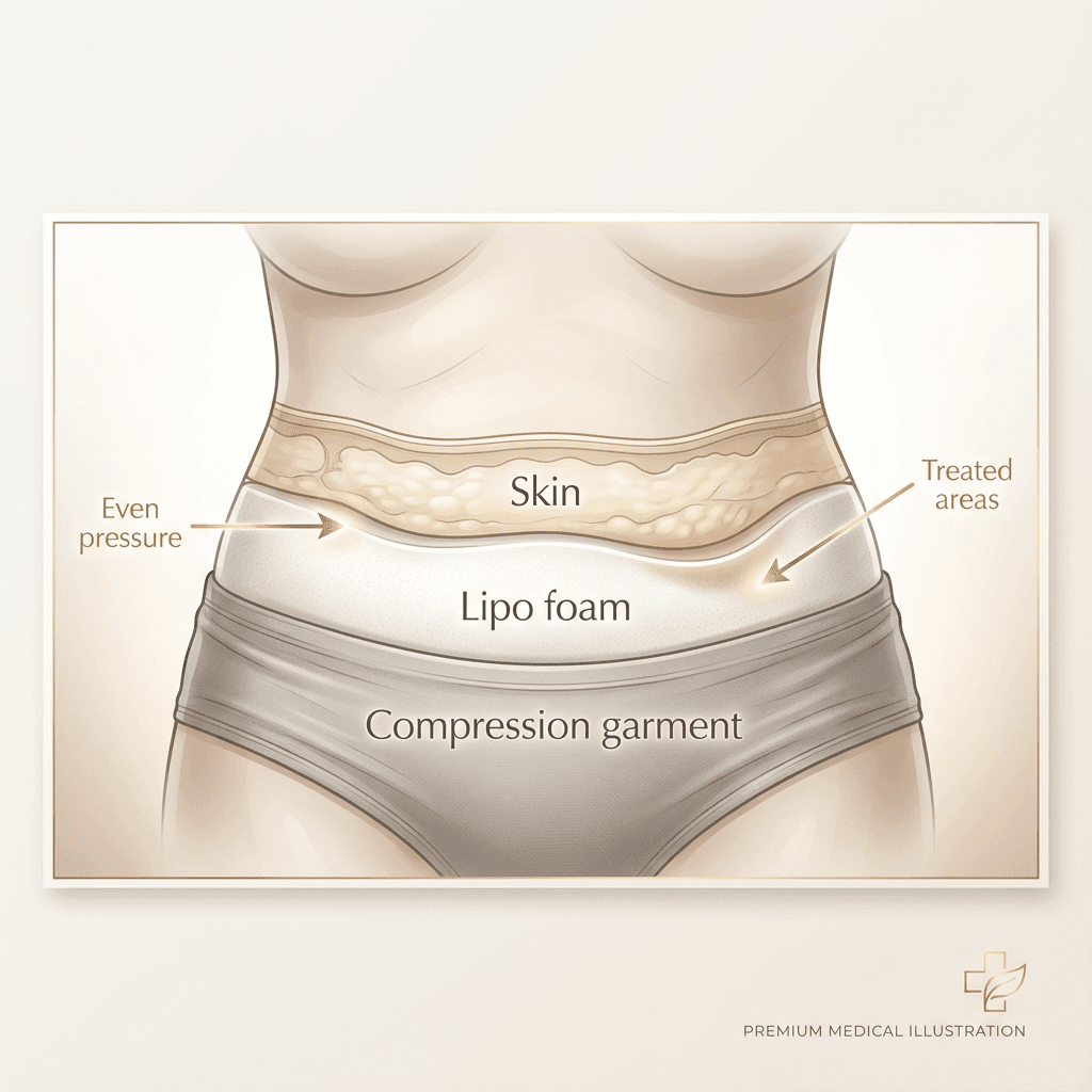 Clean, premium diagram showing lipo foam placement: skin → lipo foam sheet → compression garment, with callouts for “even pressure” and “treated areas.”